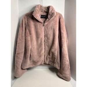 Bellivera Mauve Pink Faux Fur Zip Up Jacket Women XL Stand Collar Plush Teddy